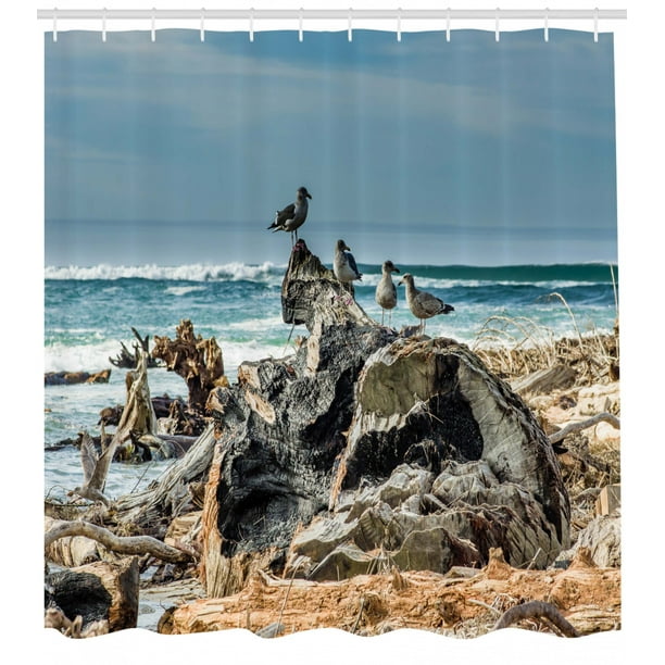 100/% Polyester Fabric Seagulls on the Sea Shore Shower Curtain Animal Bath Mat